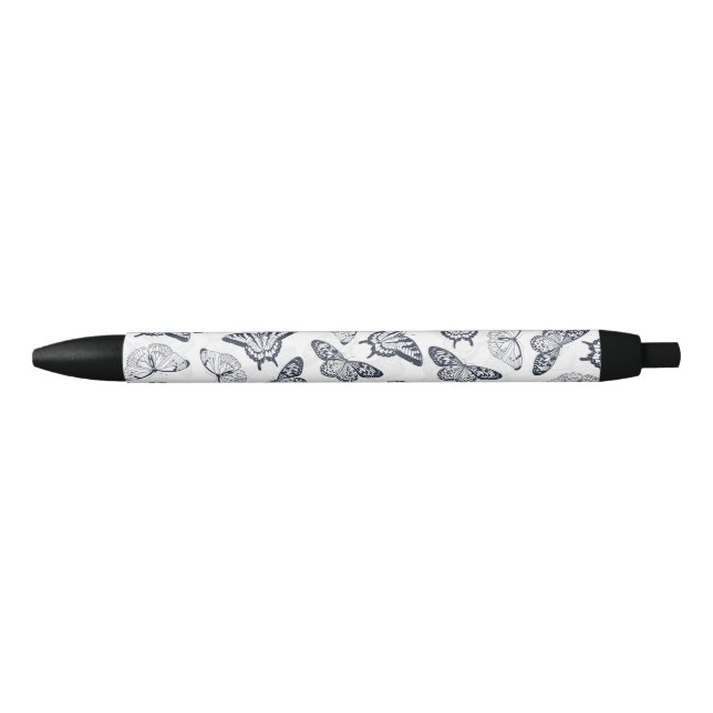 Elegant Black White Butterfly Design Black Ink Pen (Front)