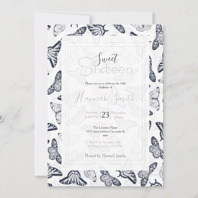 Elegant Black White Butterfly Design Invitation (Front)