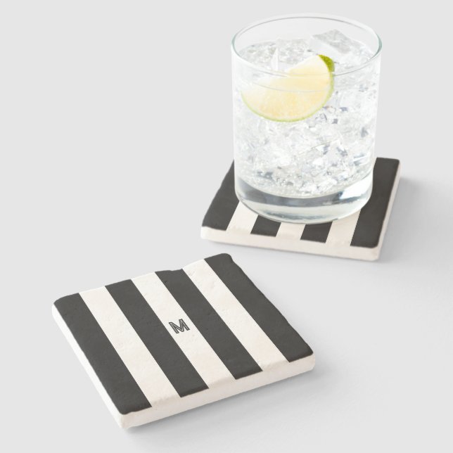 Elegant Black & White Cabana Stripe Monogram Stone Coaster (Side)
