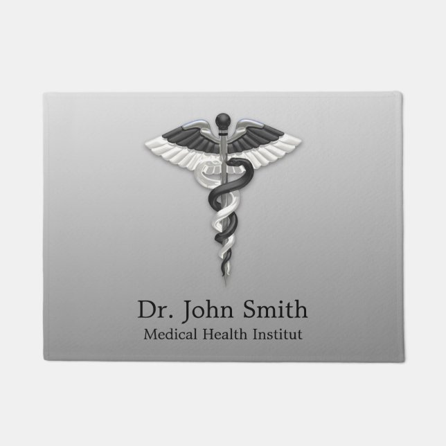 Elegant Black White Caduceus Classy Noble Medical Doormat (Front)