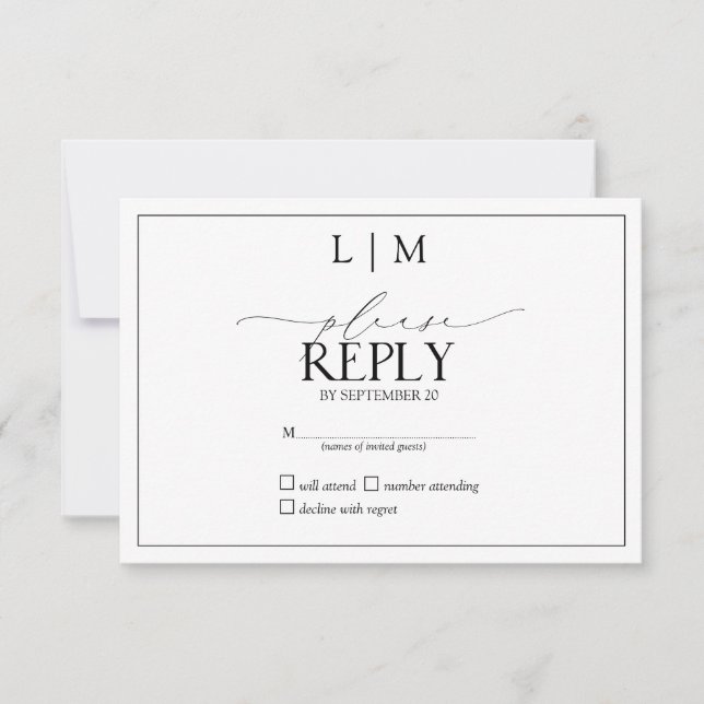 Elegant Black & White Calligraphy Monogram RSVP Card (Front)