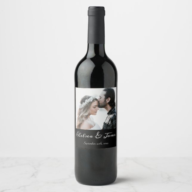 Elegant Black & White Calligraphy Photo Wedding  Wine Label (Front)