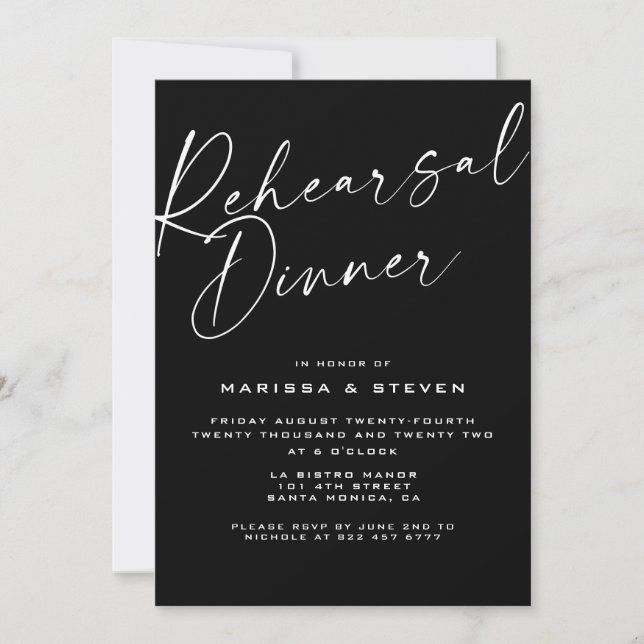 Elegant Black White Calligraphy Rehearsal Dinner  Invitation (Front)