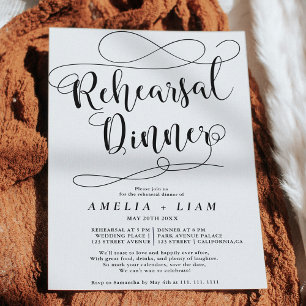 Elegant black white calligraphy rehearsal dinner invitation