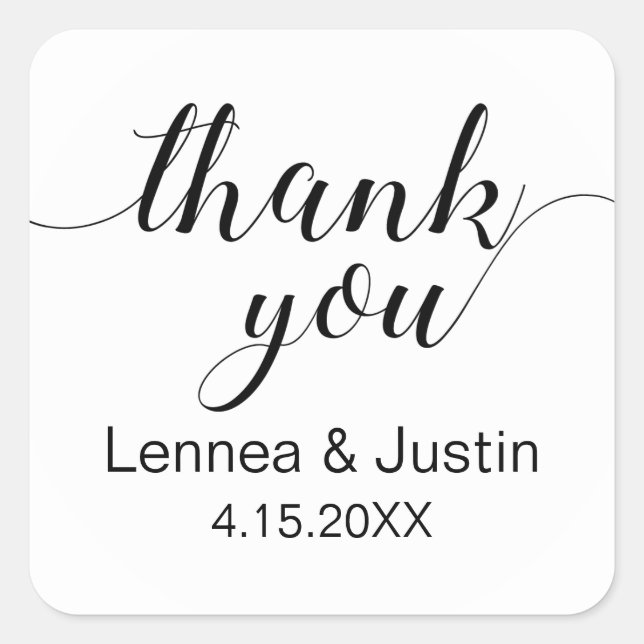Elegant Black White Calligraphy Script Thank You Square Sticker (Front)