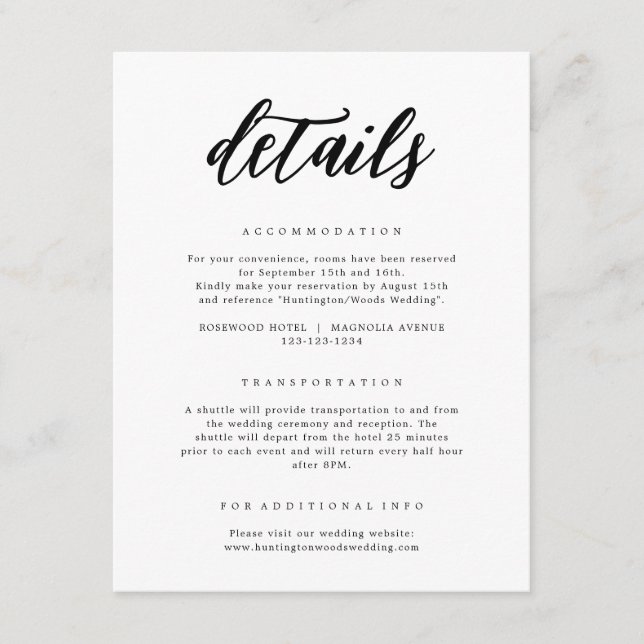 Elegant Black & White Calligraphy Wedding Details Enclosure Card (Front)