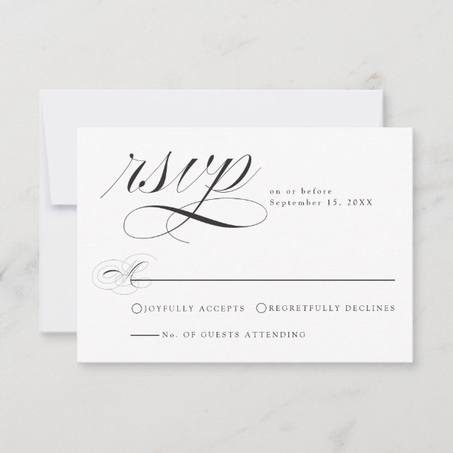 Elegant Black White Calligraphy Wedding RSVP Card (Front)