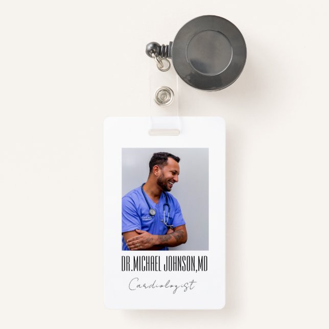Elegant Black & White Cardiologist Doctor Photo  ID Badge (Front with Retractable)