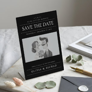 Elegant Black & White Cartoon Couple Wedding Pedestal Sign