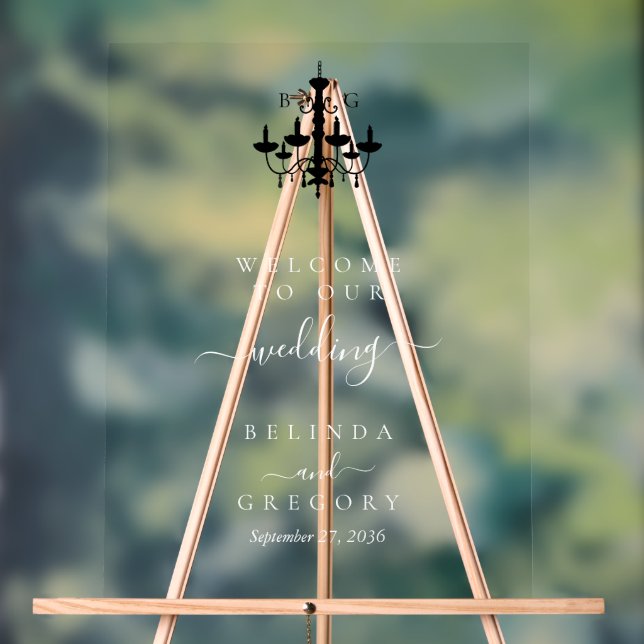 Elegant Black White Chandelier Monogram Wedding Acrylic Sign (Neutral)