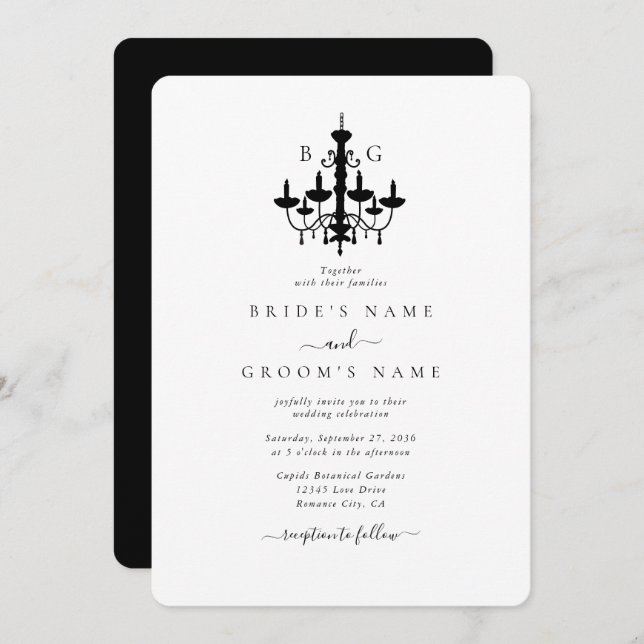 Elegant Black White Chandelier Monogram Wedding Invitation (Front/Back)