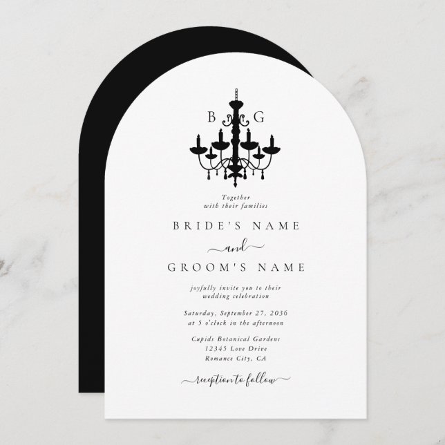Elegant Black White Chandelier Monogram Wedding Invitation (Front/Back)