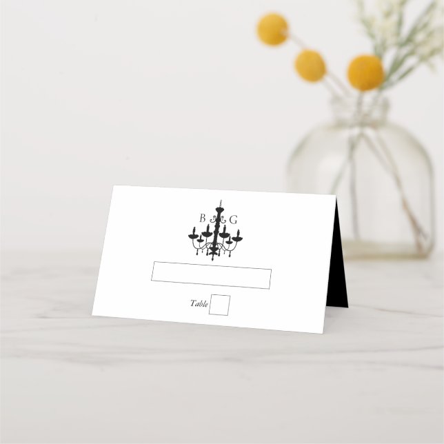 Elegant Black White Chandelier Monogram Wedding Place Card (Front)