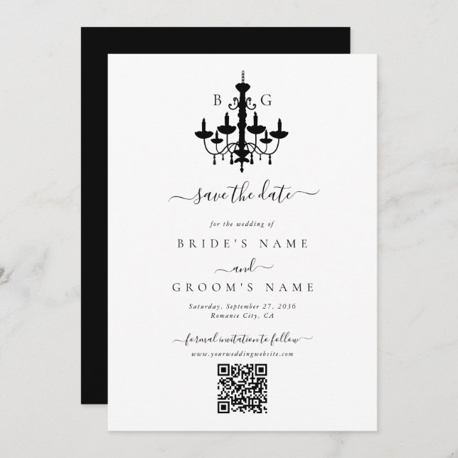 Elegant Black White Chandelier Monogram Wedding Save The Date (Front/Back)