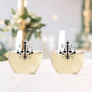 Elegant Black White Chandelier Monogram Wedding Stemless Wine Glass