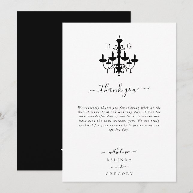 Elegant Black White Chandelier Monogram Wedding Thank You Card (Front/Back)