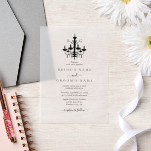 Elegant Black White Chandelier Monogram Wedding Vellum Invitations