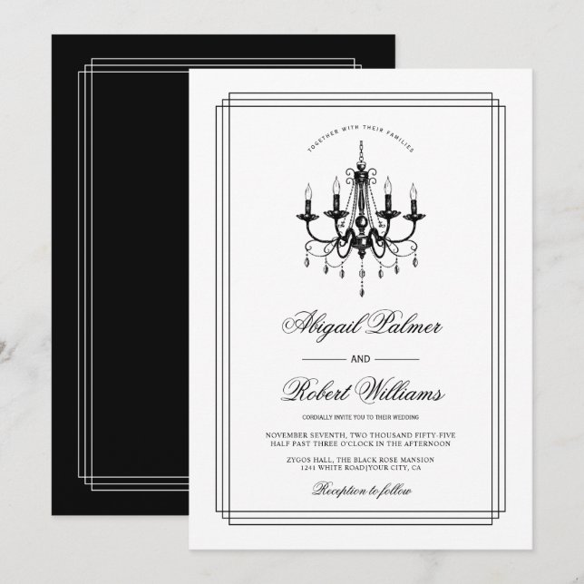 Elegant black, white chandelier Old Money wedding  Invitation (Front/Back)