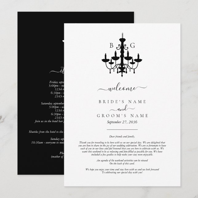 Elegant Black White Chandelier Wedding Itinerary (Front/Back)