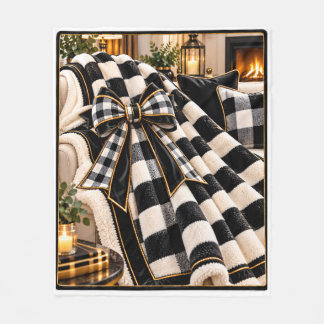 Elegant Black & White Chequerboard Gold Bow Cosy T Fleece Blanket