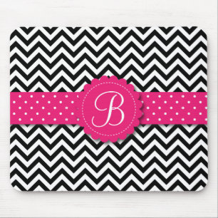 Elegant Black White Chevron Monogram Girly Pink Mouse Mat