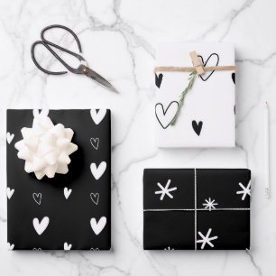 Elegant Black & White Christmas Hearts Snowflakes Wrapping Paper Sheet