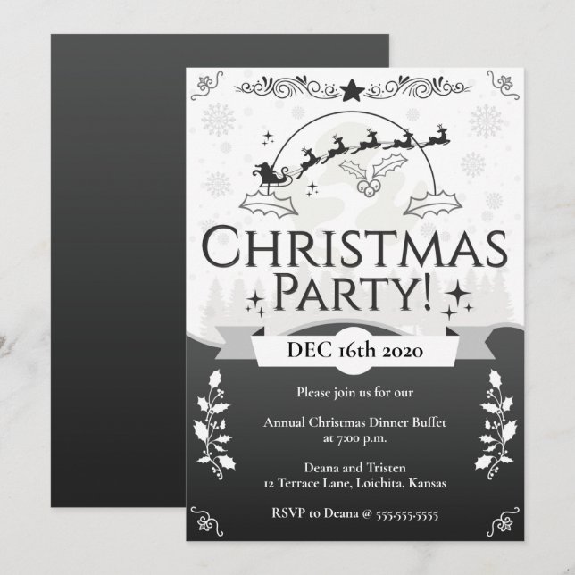 Elegant Black & White Christmas Party Invitation (Front/Back)