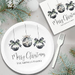 Elegant Black White Christmas Party Paper Plate<br><div class="desc">Add a chic and festive touch to your winter celebration with these beautifully designed paper party plates. Featuring three delicate watercolor ornaments in soft black and white shades, accented by evergreen greenery and bow details, these plates offer a trendy and sophisticated look. "Merry Christmas" is displayed in graceful script typography,...</div>
