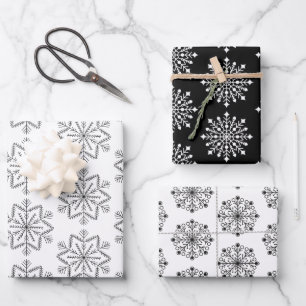 Elegant Black White Christmas Snowflake Pattern  Wrapping Paper Sheet