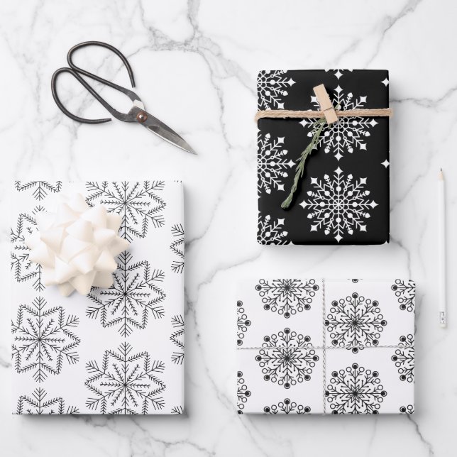 Elegant Black White Christmas Snowflake Pattern  Wrapping Paper Sheet (Front)