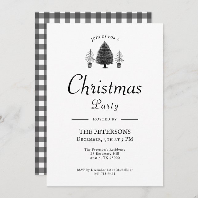 Elegant Black & White Christmas Tree Christmas Invitation (Front/Back)