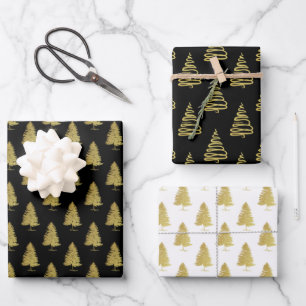 Elegant Black White Christmas Tree Pattern Gift Wrapping Paper Sheet