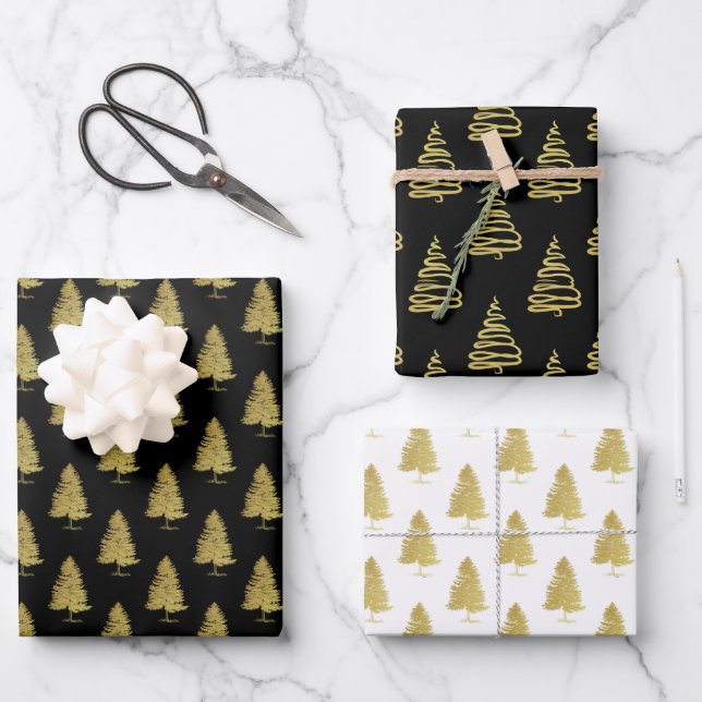 Elegant Black White Christmas Tree Pattern Gift Wrapping Paper Sheet (Front)