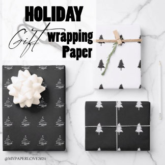 Elegant Black White Christmas Tree Pattern Gift Wrapping Paper Sheet