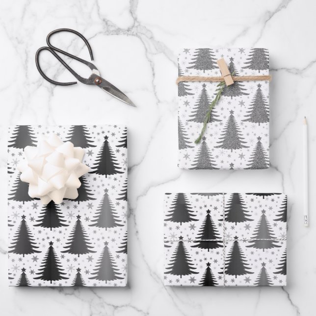 Elegant Black White Christmas Tree Pattern Wrapping Paper Sheet (Front)