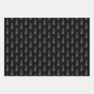 Elegant Black White Christmas Tree Pattern Wrapping Paper Sheet