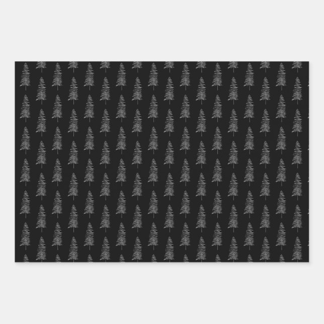 Elegant Black White Christmas Tree Pattern  Wrapping Paper Sheet (Front 3)