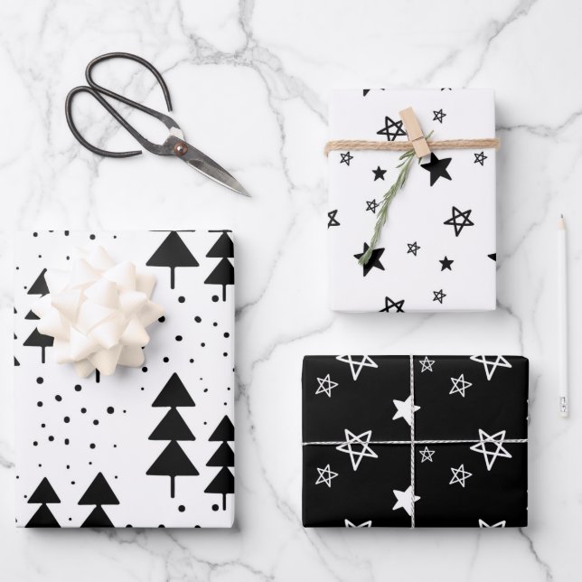 Elegant Black & White Christmas Trees Stars  Wrapping Paper Sheet (Front)