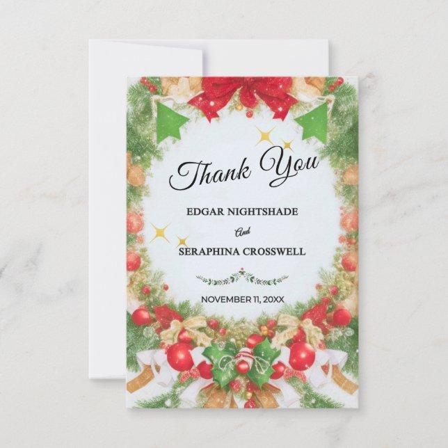 Elegant Black White Christmas Wedding Thank You Card (Front)