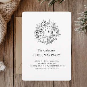 Elegant Black & White Christmas Wreath Party  Invitation