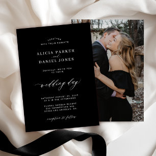 Elegant black white classic custom photo wedding invitation