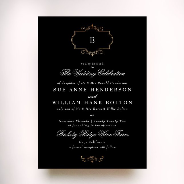 elegant black white classic gold monogram wedding invitation (Creator Uploaded)
