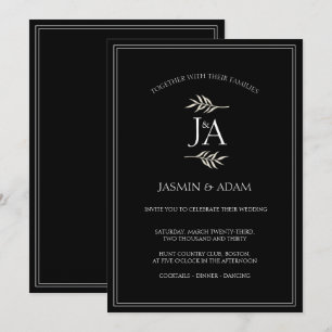 Elegant Black White Classic Initials Wedding  Invitation