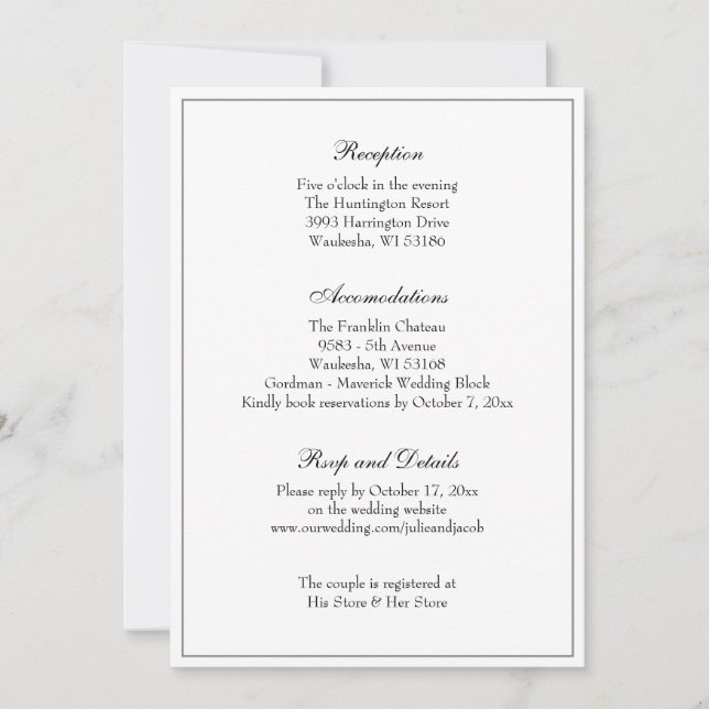 Elegant Black & White Classic Wedding Reception Invitation (Front)