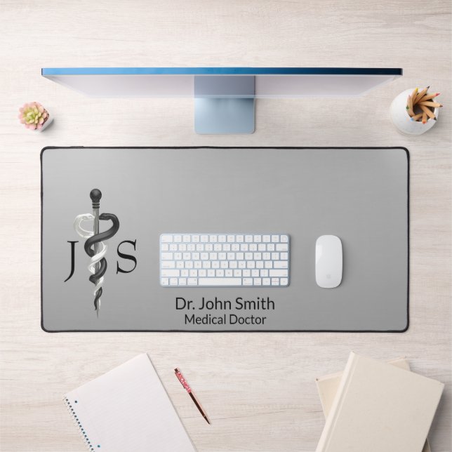 Elegant Black White Classy Noble Medical Asclepius Desk Mat (Office 1)