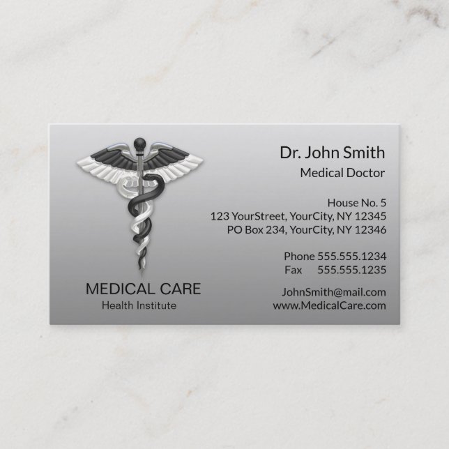 Elegant Black White Classy Noble Medical Caduceus Business Card (Front)