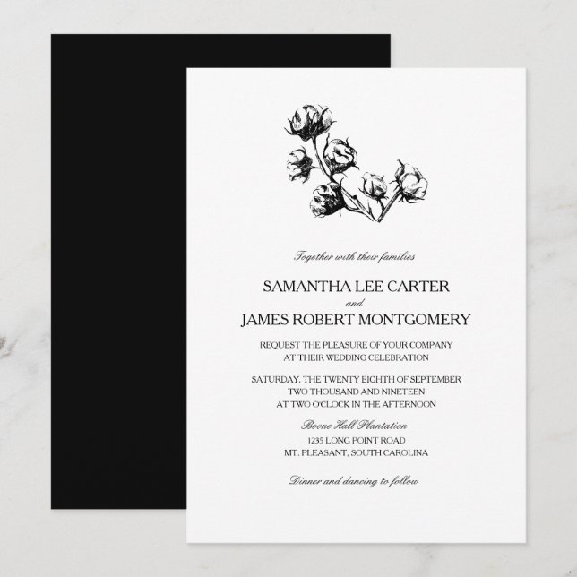 Elegant Black White Cotton Boll Plant Wedding Invitation (Front/Back)