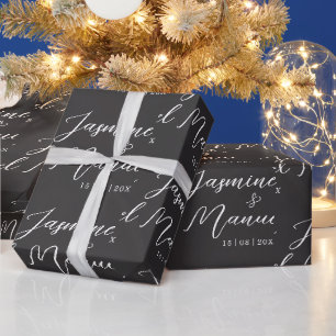 Elegant Black&White Couple Names Gift Wrapping  Paper