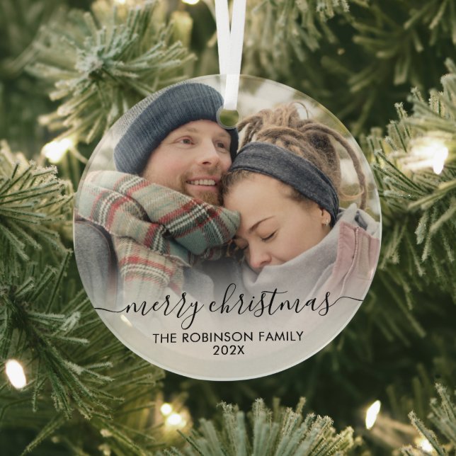 Elegant Black White Couple Photo Merry Christmas   Glass Tree Decoration (Insitu)