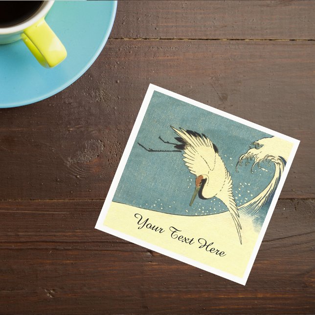 Elegant Black White Crane Flying over Ocean Wave Napkin (White crane bird flying over large ocean wave in blue sky on napkins.)